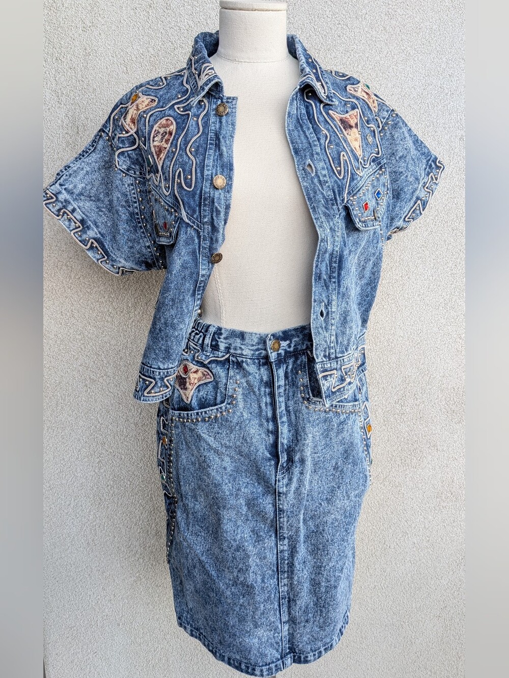 VTG 80s Main Jeans Acid Wash Denim two Piece Set Crop Jacket & Skirt M